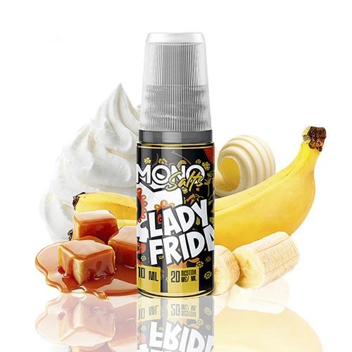 Frasco de Mono Salts Lady Frida con tapón translúcido, rodeado de plátano, nata y dados cubiertos de caramelo sobre fondo blanco.