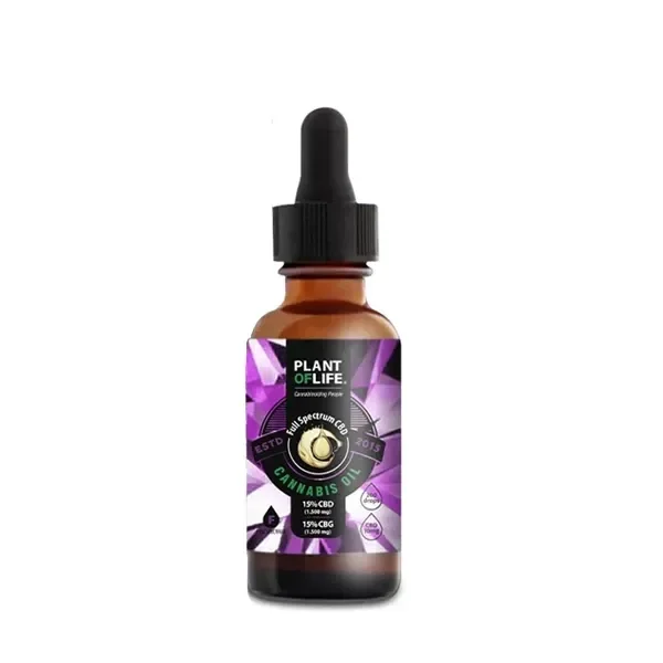 Frasco ámbar de aceite Plant of Life con cuentagotas negro y etiqueta violeta que indica 15 % CBD y 15 % CBG, sobre fondo blanco.
