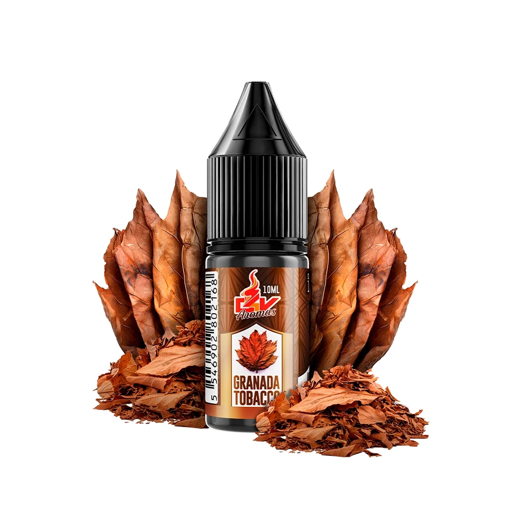 Bote de aroma Granada Tobacco de Oil4Vap con tapón negro y etiqueta de 10 ml, rodeado de hojas secas y tabaco desmenuzado.