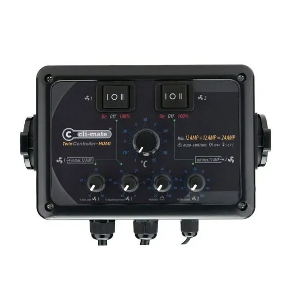 Controlador Climate Twin Controller 12+12 A negro, con interruptores superiores, mandos giratorios y conexiones laterales e inferiores.