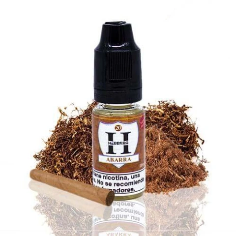 Frasco de Herrera Salts Abarra con tapón negro, rodeado de tabaco picado y con un cigarrillo enrollado delante, sobre fondo blanco.