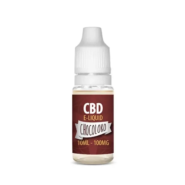 Frasco de CBD E-Liquid Chocoloco con tapón blanco y etiqueta marrón que indica 10 ml y 100 mg, sobre fondo blanco.