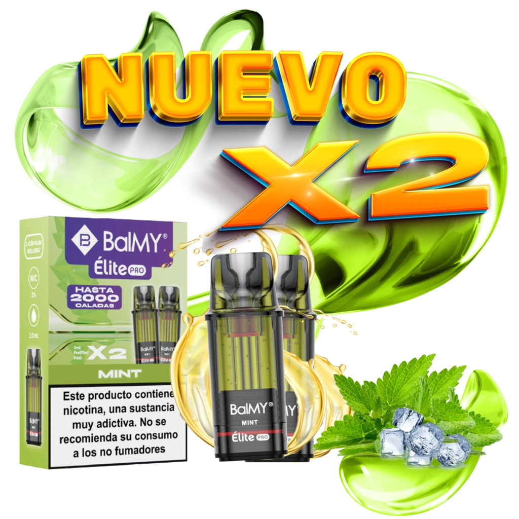 Pods Balmy Élite Pro Mint junto a su caja verde, con hojas de menta, hielo y los textos «NUEVO X2» sobre fondo negro.