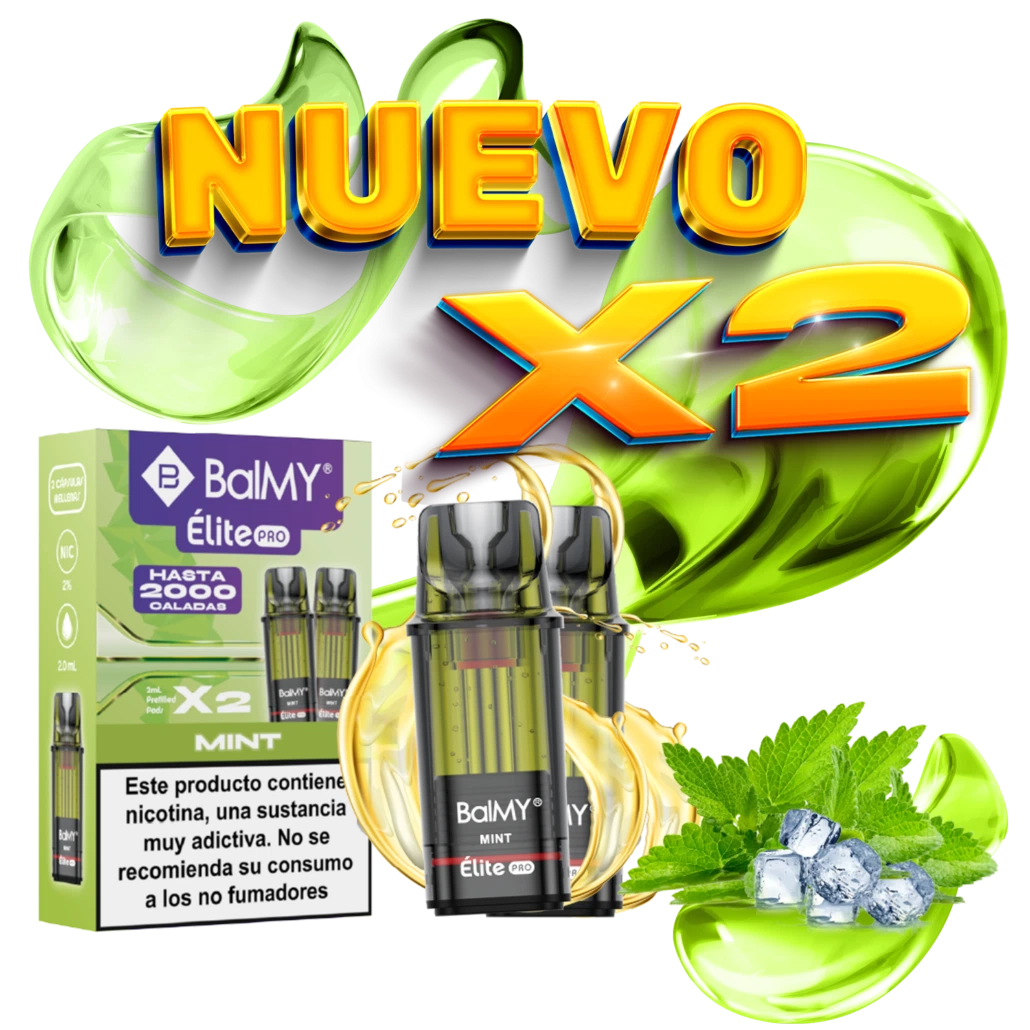 Pods Balmy Élite Pro Mint junto a su caja verde, con hojas de menta, hielo y los textos «NUEVO X2» sobre fondo negro.
