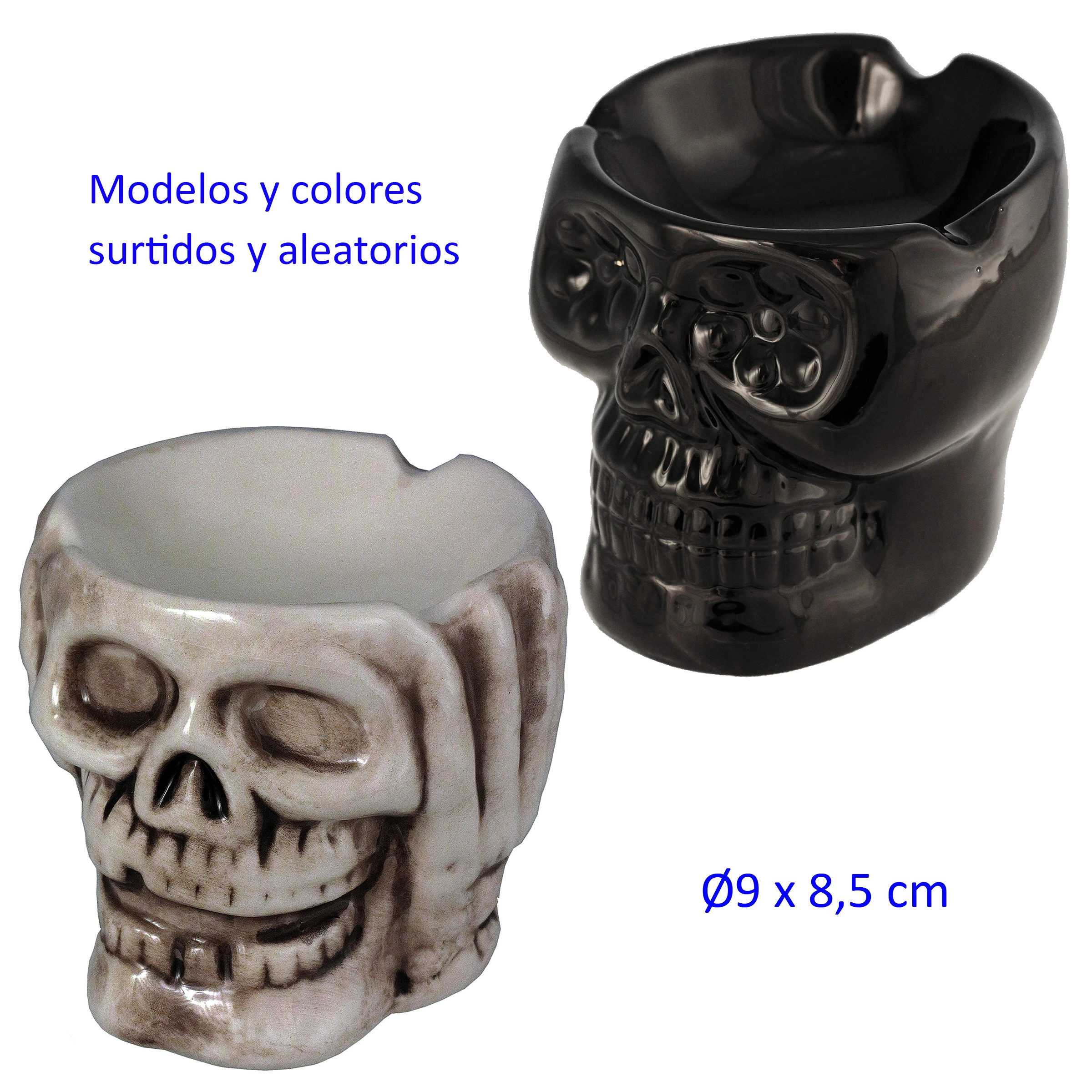 Ceniceros de mesa con forma de calavera en versiones negra brillante y clara con sombras oscuras, con muescas en el borde.