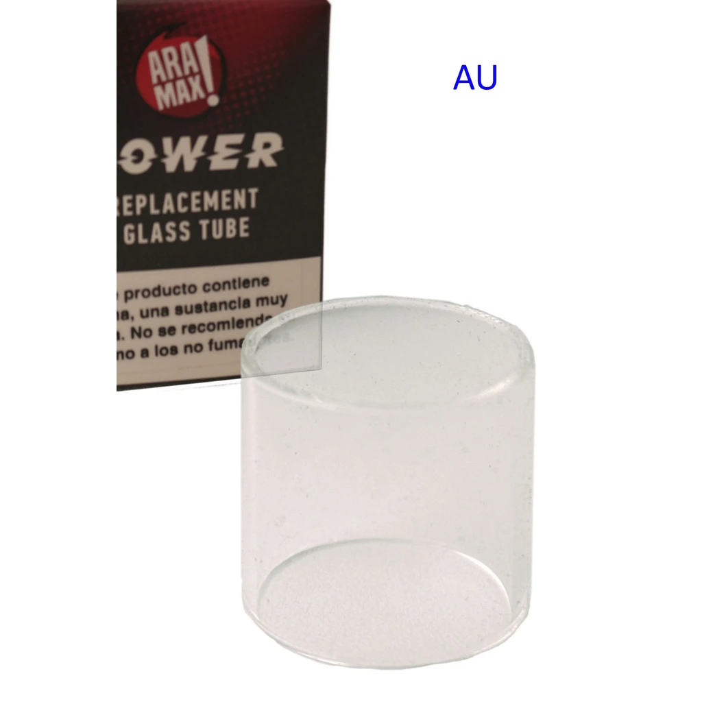 Tubo de vidrio transparente ARAMAX Power en primer plano, con su caja parcialmente visible detrás sobre fondo blanco.