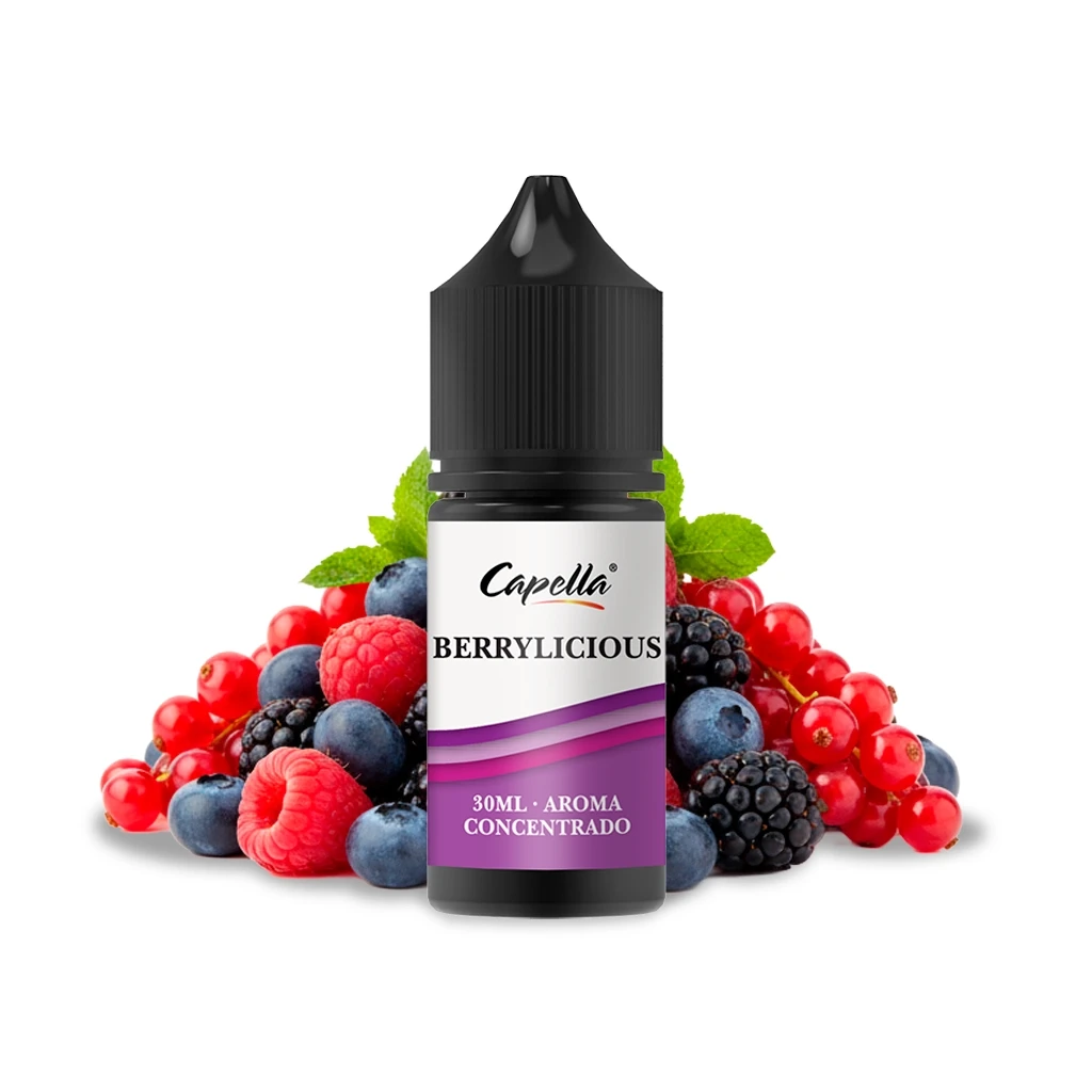 Frasco de aroma Capella Berrylicious de 30 ml con tapón negro y etiqueta morada, rodeado de frutos rojos y arándanos.