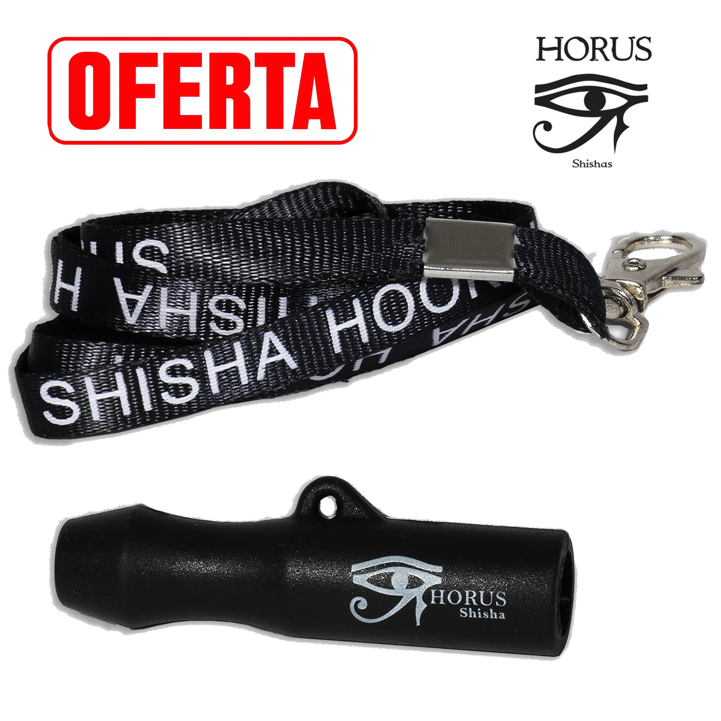 Boquilla negra Horus para cachimba junto a una cinta negra con letras blancas y mosquetón metálico, sobre fondo blanco. Boquilla negra Horus para cachimba junto a una cinta negra con letras blancas y mosquetón metálico, sobre fondo blanco.