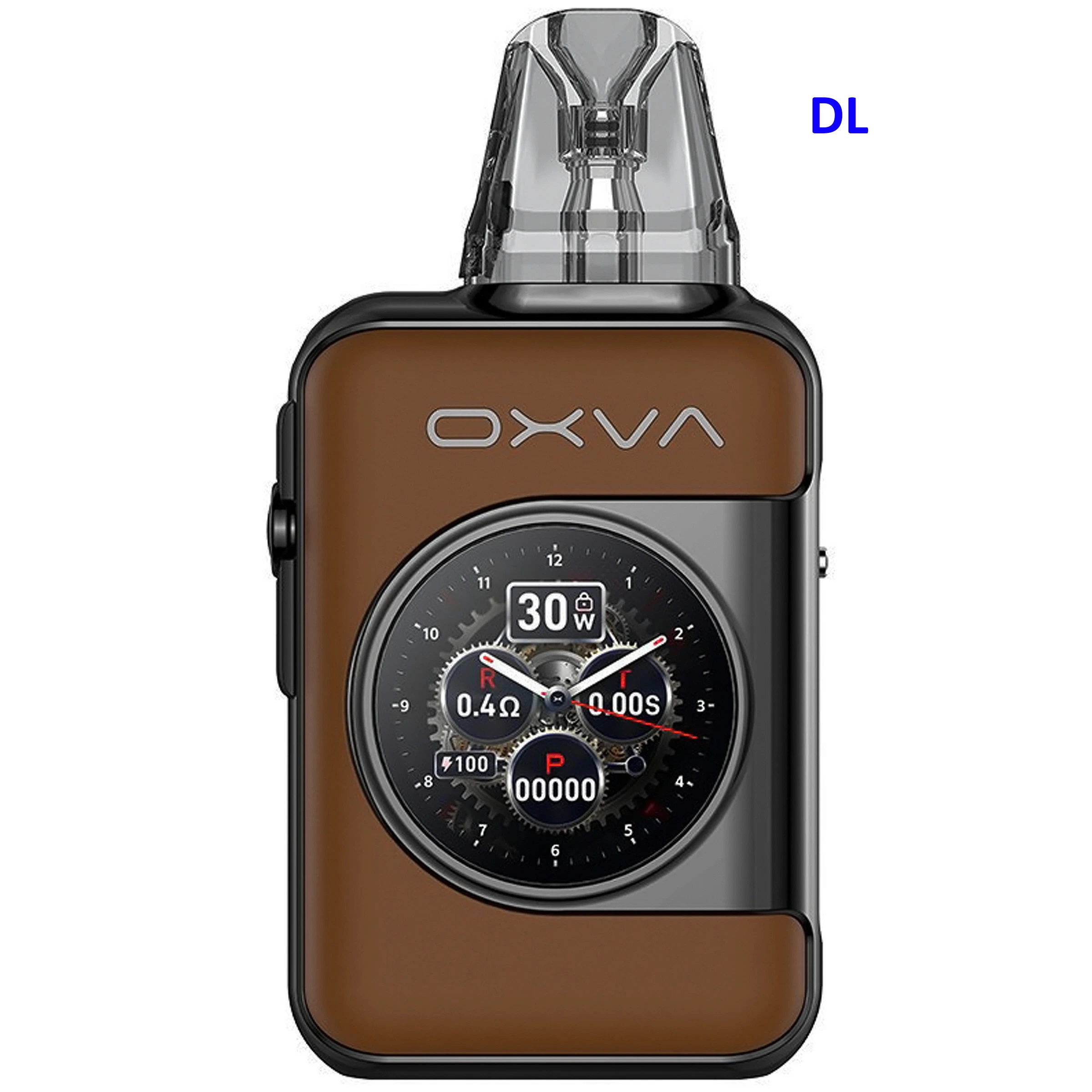 OXVA Xlim SQ Pro 2 Brown Leather de frente, con cuerpo marrón y negro, boquilla transparente y pantalla circular con diseño de reloj.