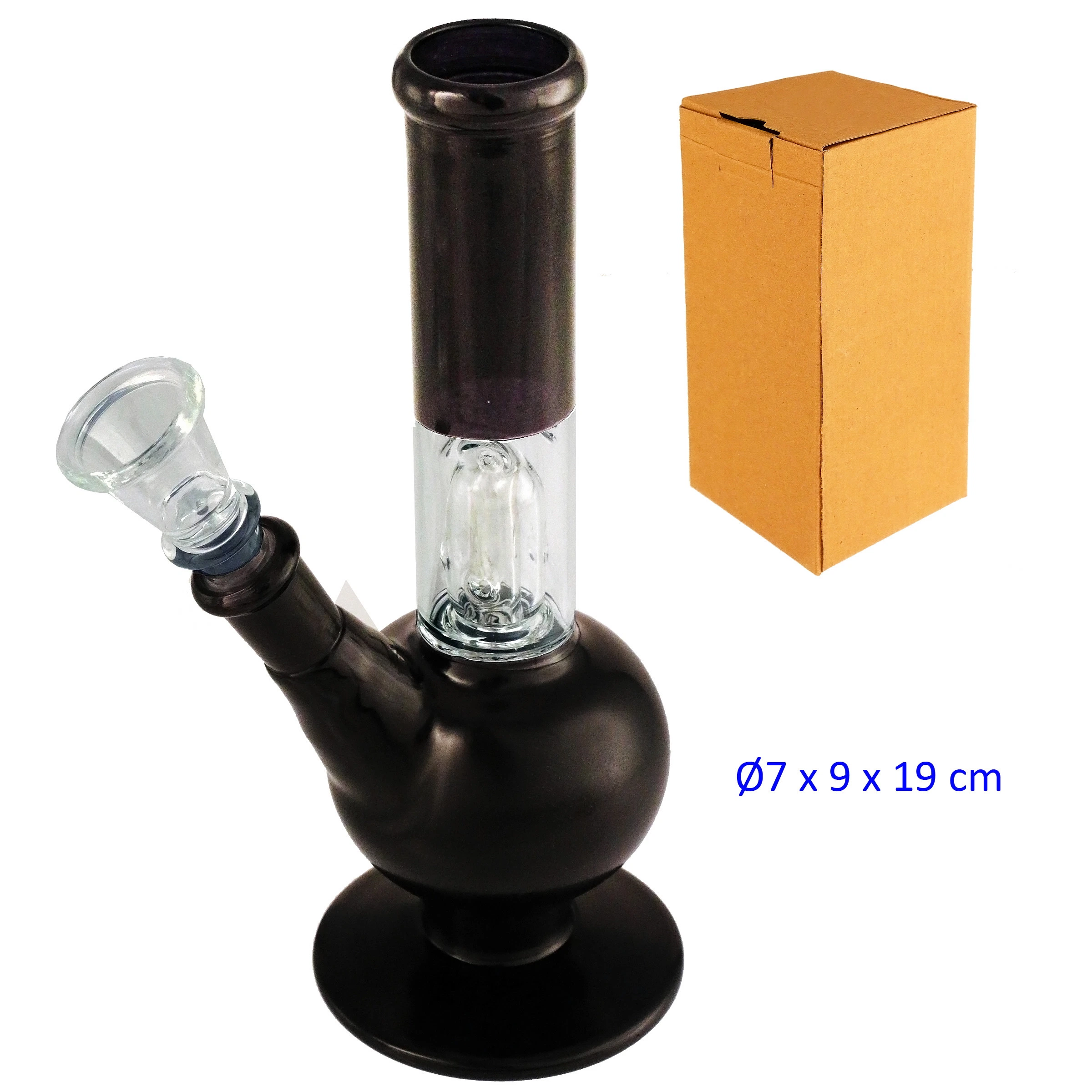 Bong negro con base circular, tramo central transparente y cazoleta lateral de cristal, junto a una caja de cartón marrón.