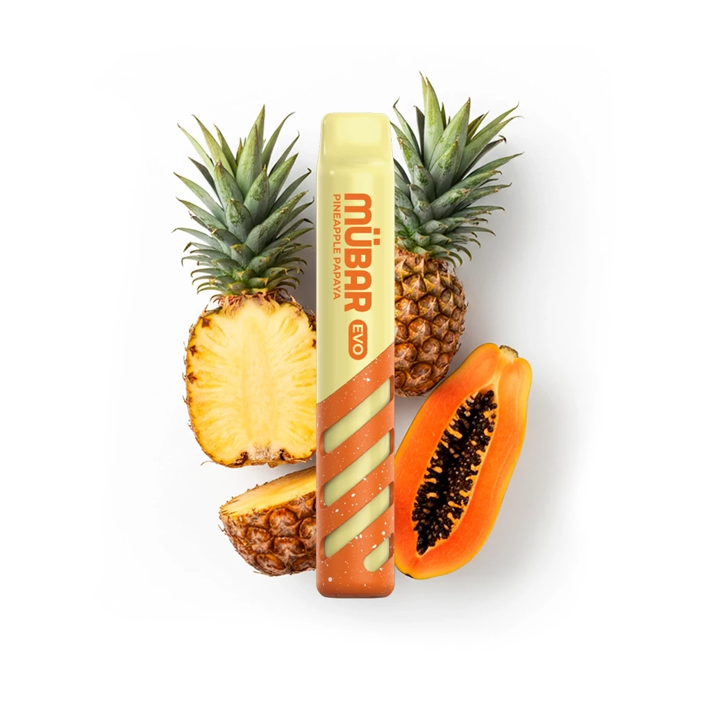Vaper Mübar Evo Piña y Papaya en amarillo y naranja, colocado verticalmente entre piñas enteras y cortadas y media papaya.