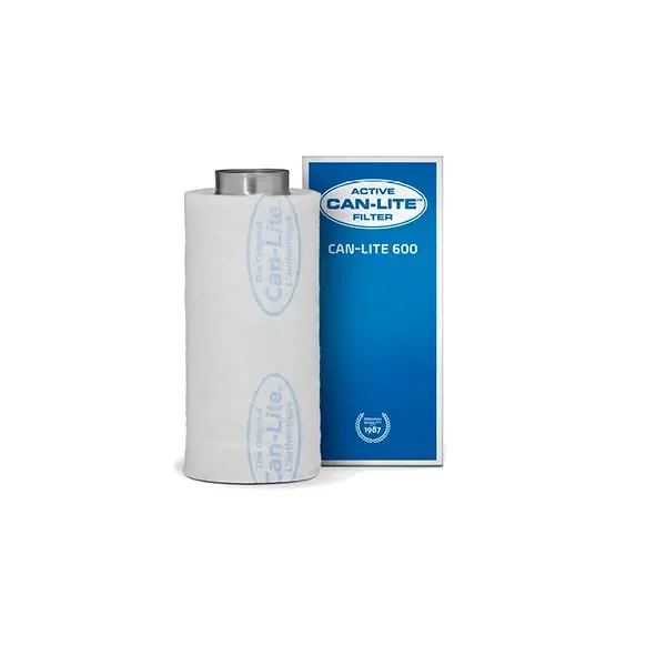 Filtro cilíndrico Can-Lite 600 con cubierta blanca y boca metálica superior, junto a su caja azul sobre fondo blanco.