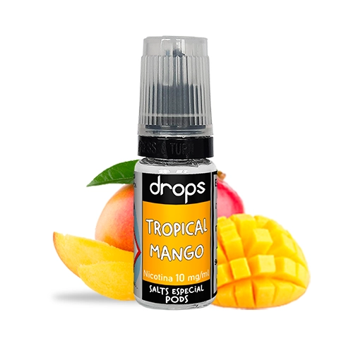 Frasco Drops Tropical Mango con etiqueta naranja que indica nicotina 10 mg/ml, acompañado de un mango y trozos de la fruta.