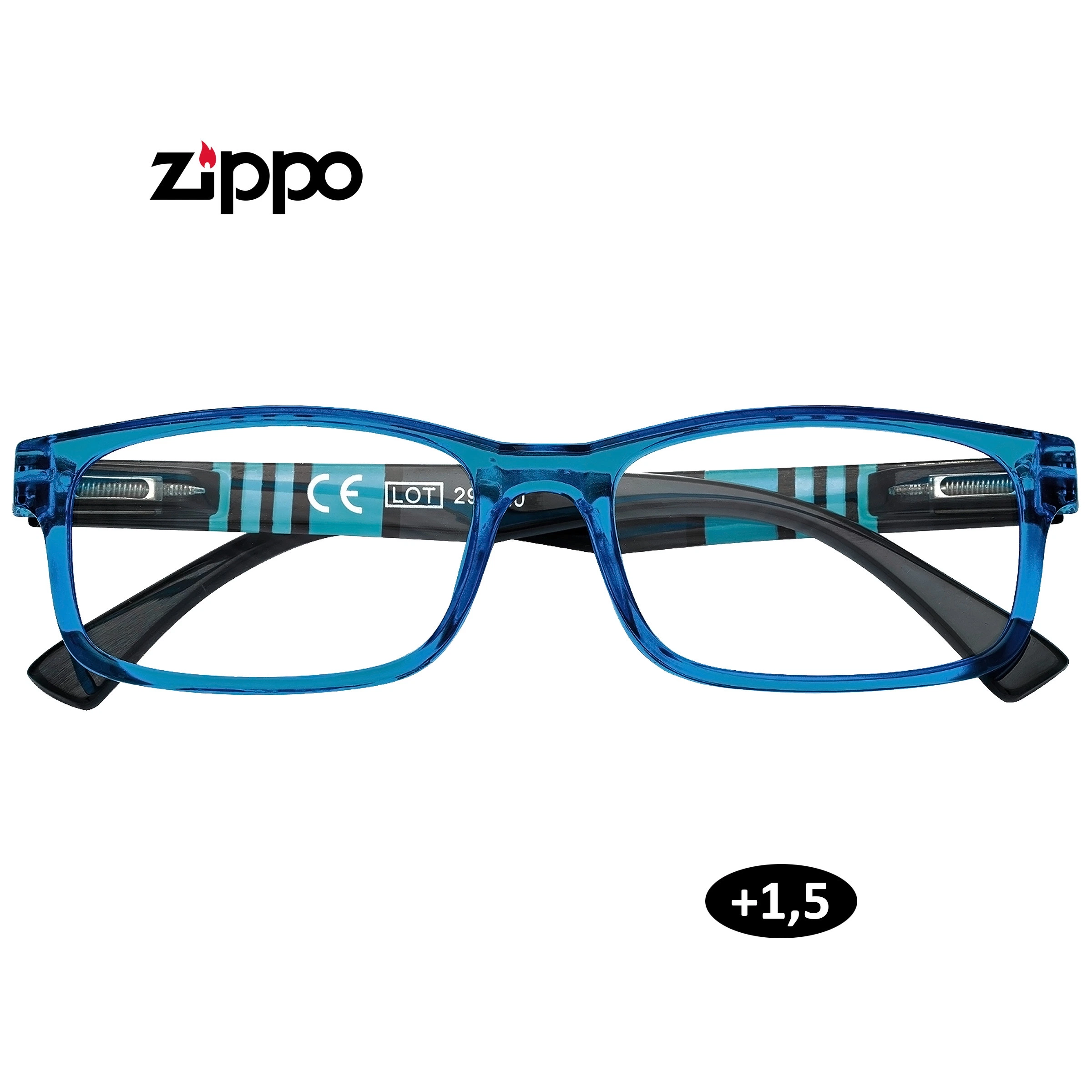 Gafas de lectura Zippo de frente, con montura rectangular azul translúcida y patillas oscuras plegadas; indicación de graduación +1,5.