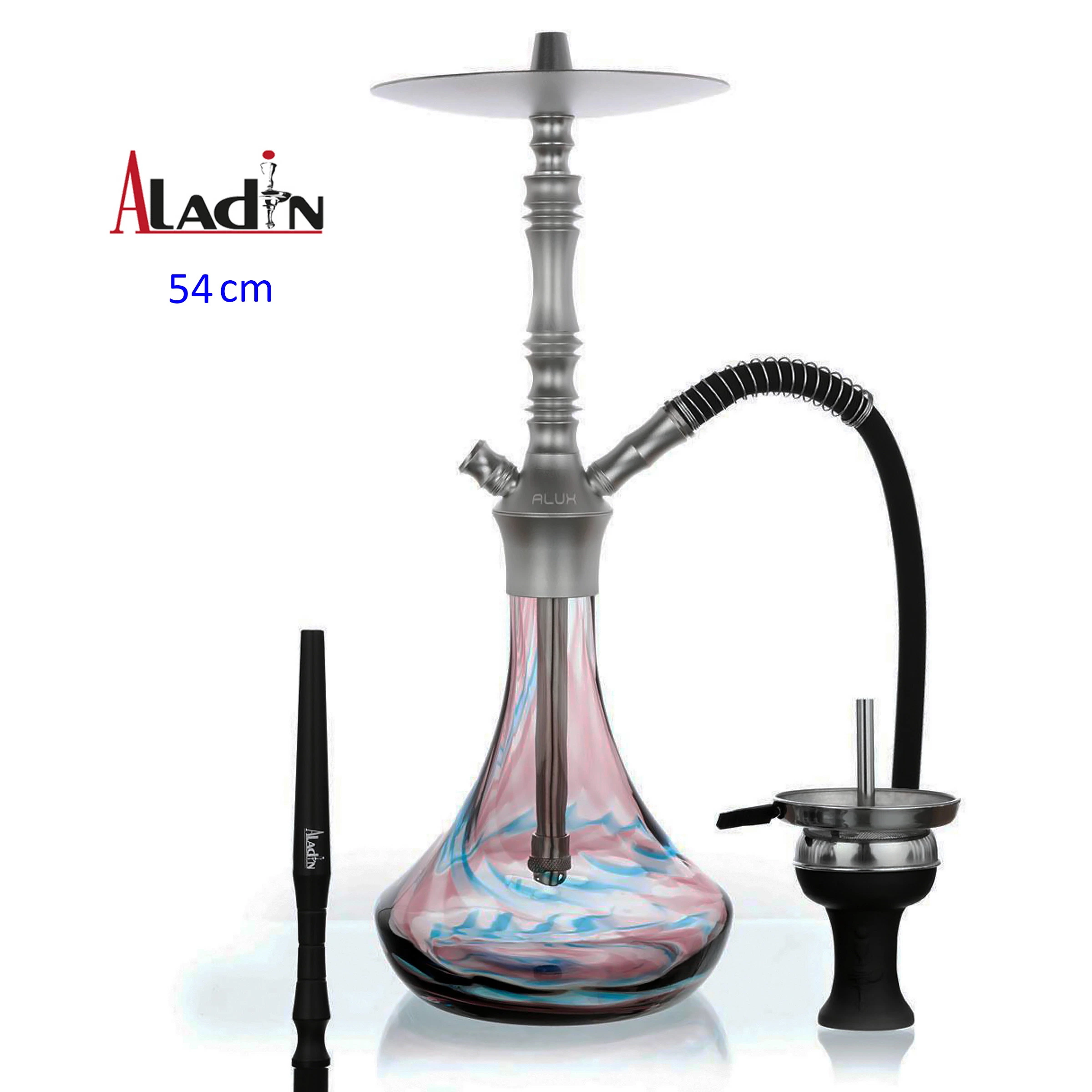 Shisha ALADIN ALUX M2 con mástil gris, base de vidrio con vetas rosas y azules, manguera negra y accesorios separados sobre fondo blanco.