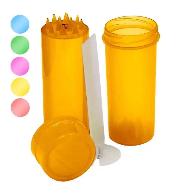 Contenedor de plástico naranja translúcido desmontado, con tapa, pieza dentada y accesorio blanco; círculos de colores a la izquierda.