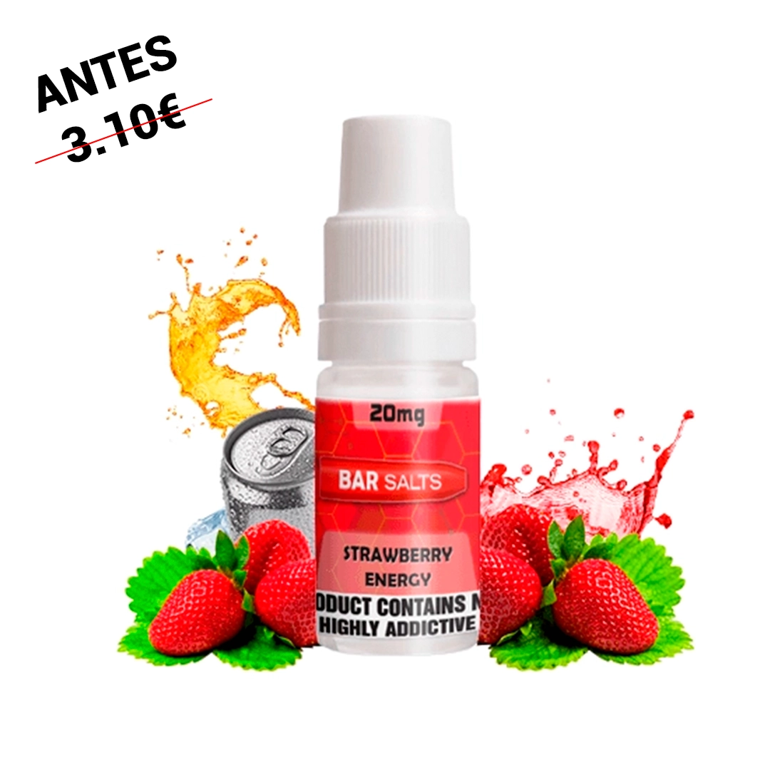 Frasco Bar Salts Strawberry Energy con tapón blanco y etiqueta roja de 20 mg, rodeado de fresas, una lata y salpicaduras.
