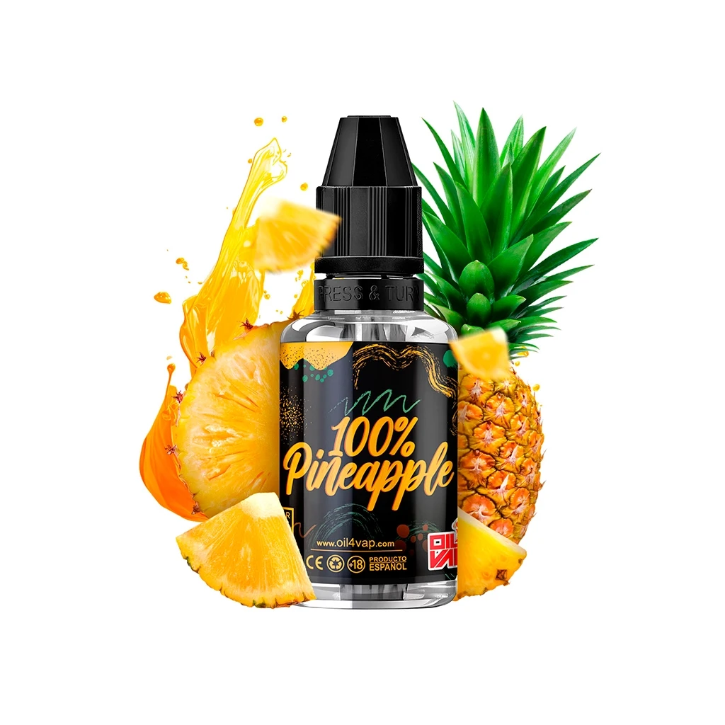 Frasco Oil4vap Pineapple Longfill con tapón negro y etiqueta «100% Pineapple», rodeado de piña cortada y una salpicadura amarilla.