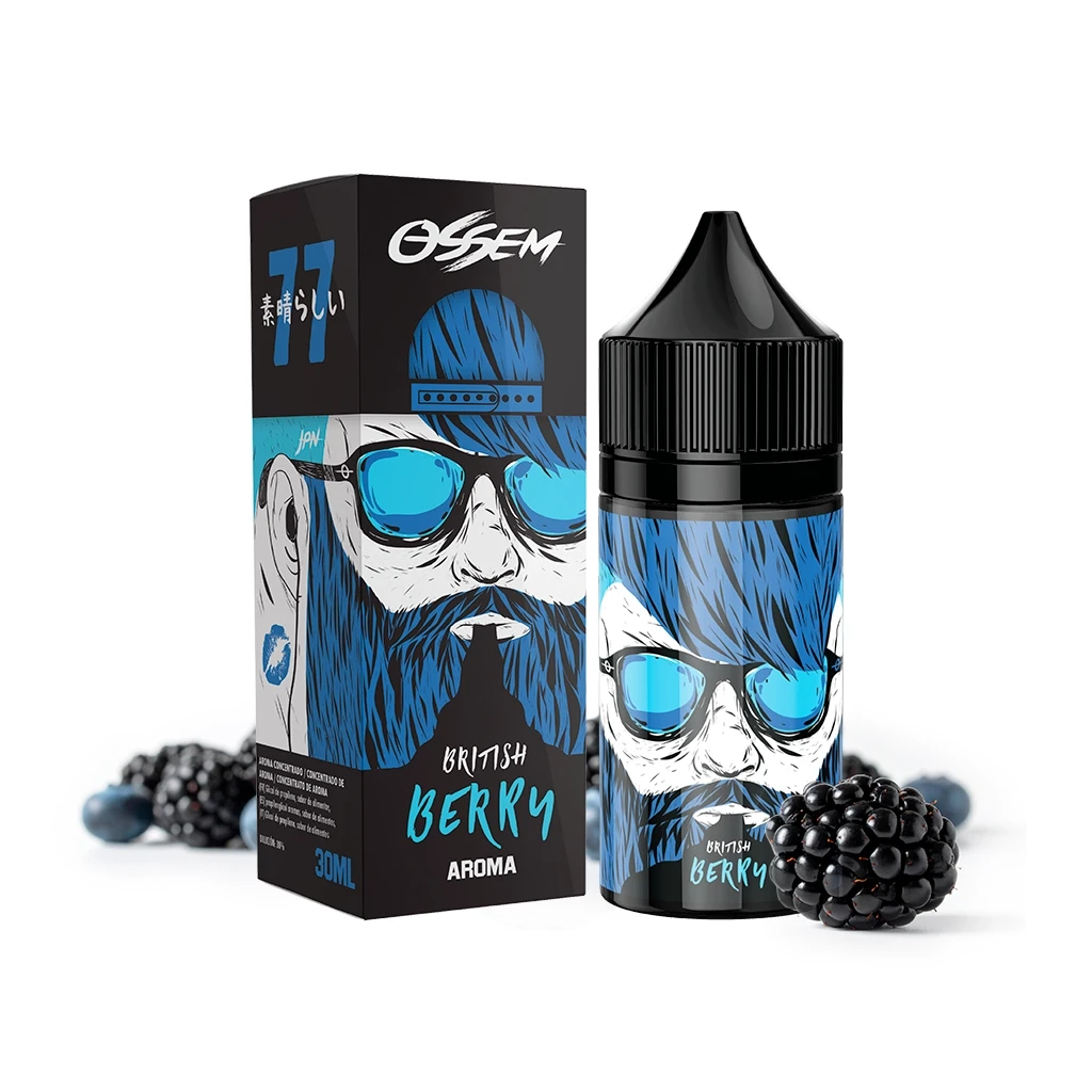 Frasco y caja Ossem British Berry con ilustración de un hombre barbudo con gafas azules, junto a moras sobre fondo blanco.