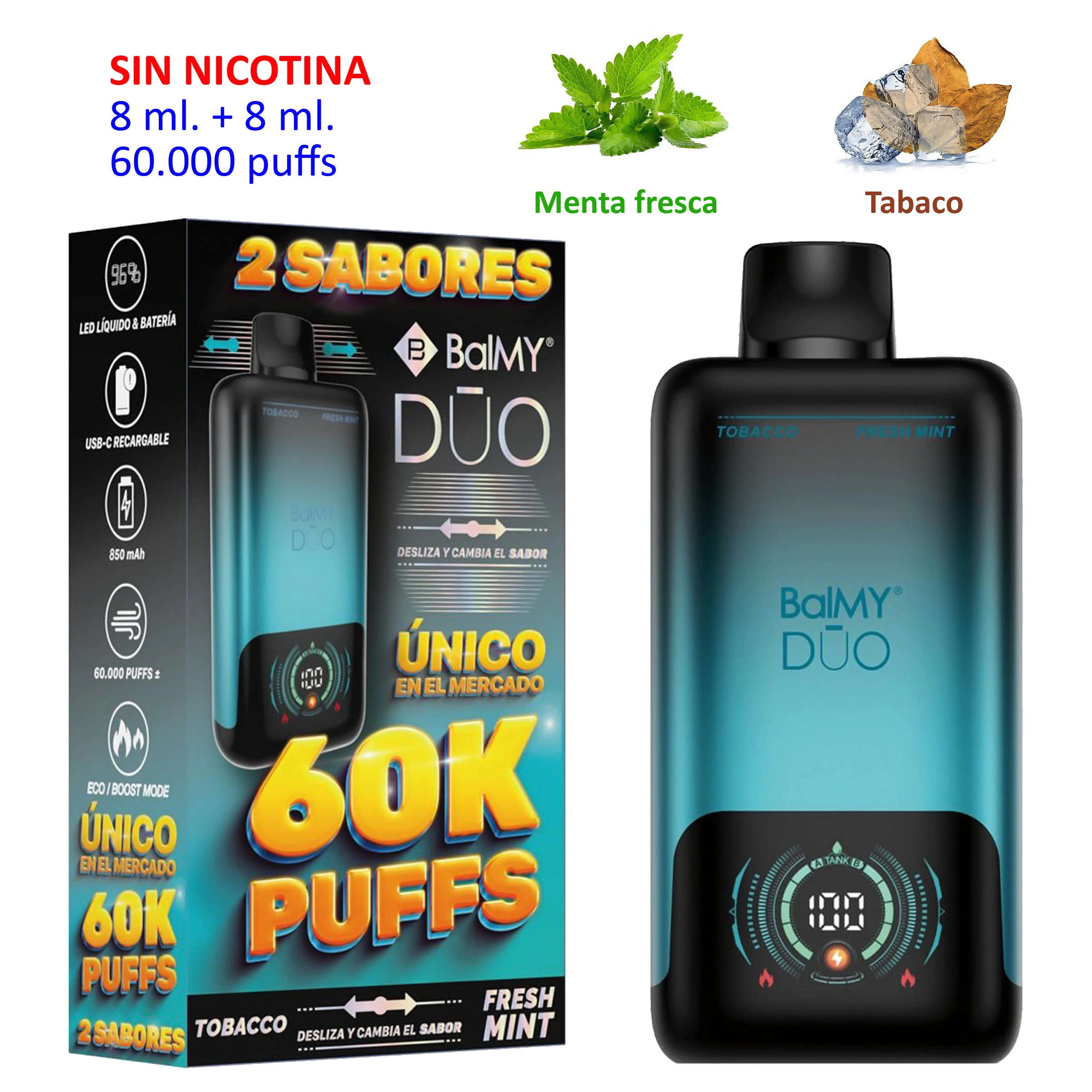 Vaper BALMY DUO negro y turquesa con pantalla, junto a su caja y las indicaciones sin nicotina, tabaco y menta fresca.
