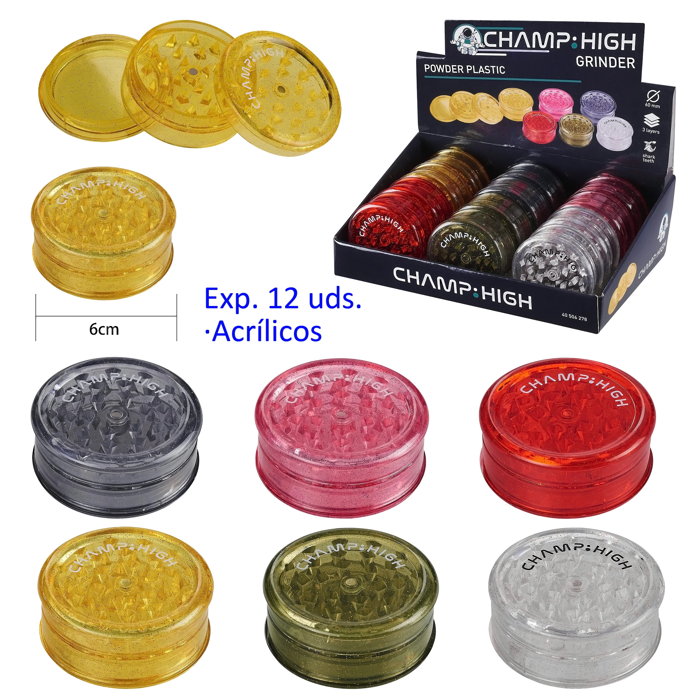 Expositor de grinders Powder CHAMP-HIGH y varias unidades translúcidas de distintos colores, con un grinder amarillo abierto que muestra los dientes.