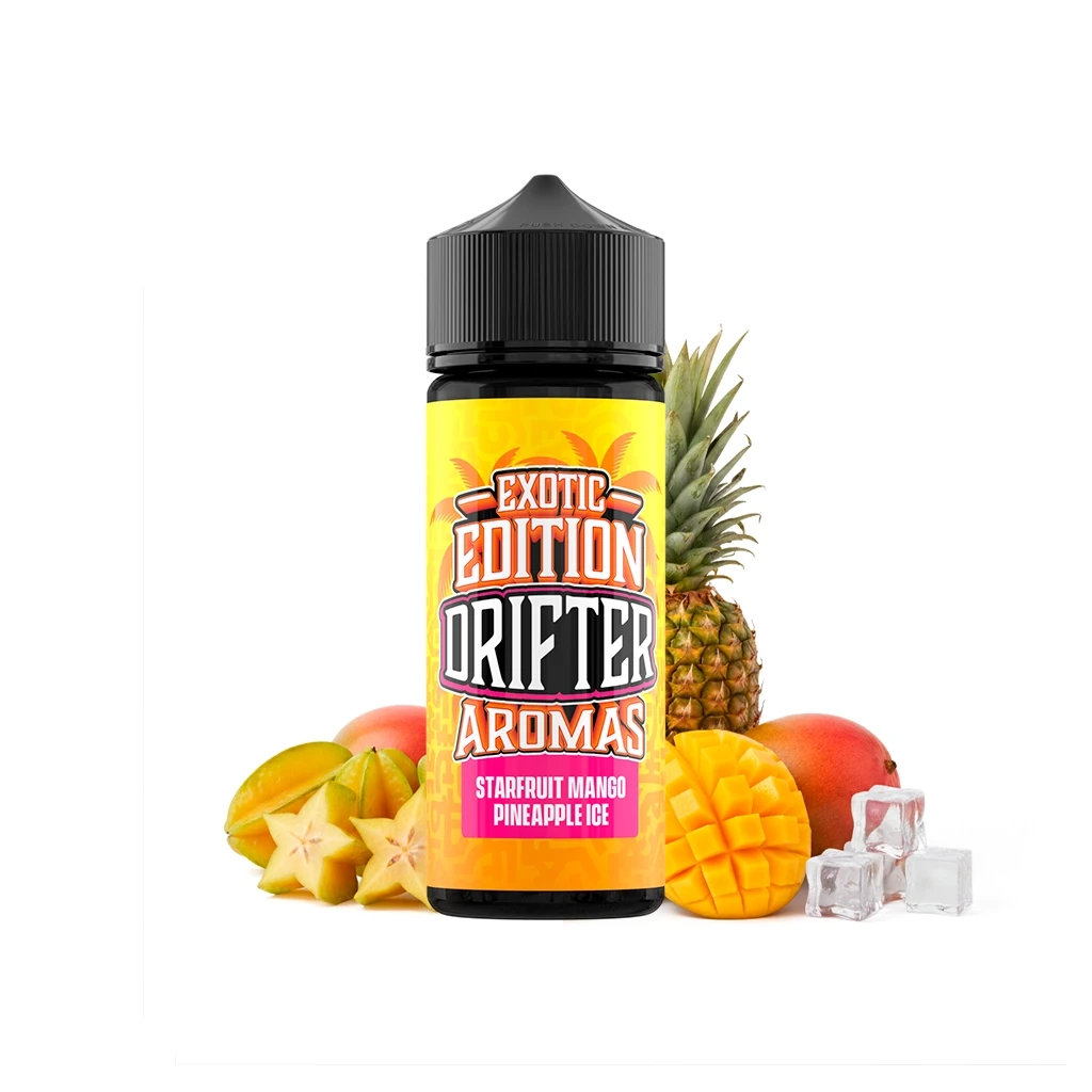 Botella Drifter Exotic Starfruit Mango Pineapple Ice con tapón negro y etiqueta amarilla, rodeada de carambola, mango, piña y hielo.