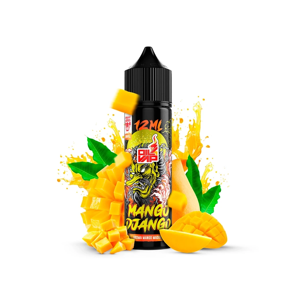 Frasco negro Oil4Vap Mango Django Longfill con la indicación 12 ml, rodeado de trozos de mango, hojas y salpicaduras amarillas.