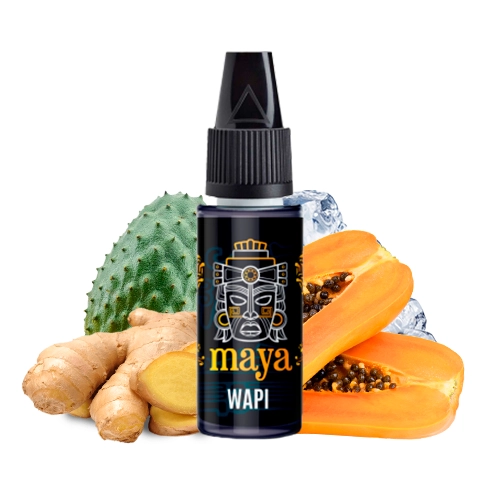 Frasco de aroma Maya Wapi con tapón negro, rodeado de papaya abierta, jengibre, un fruto verde e hielo.