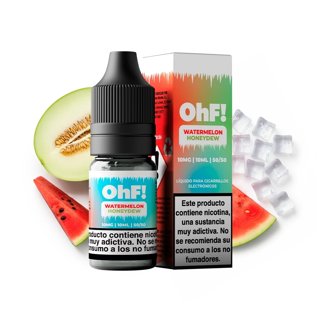 Frasco y caja OhF! Watermelon Honeydew con etiqueta 10 mg, 10 ml y 50/50, junto a sandía, melón y cubitos de hielo.