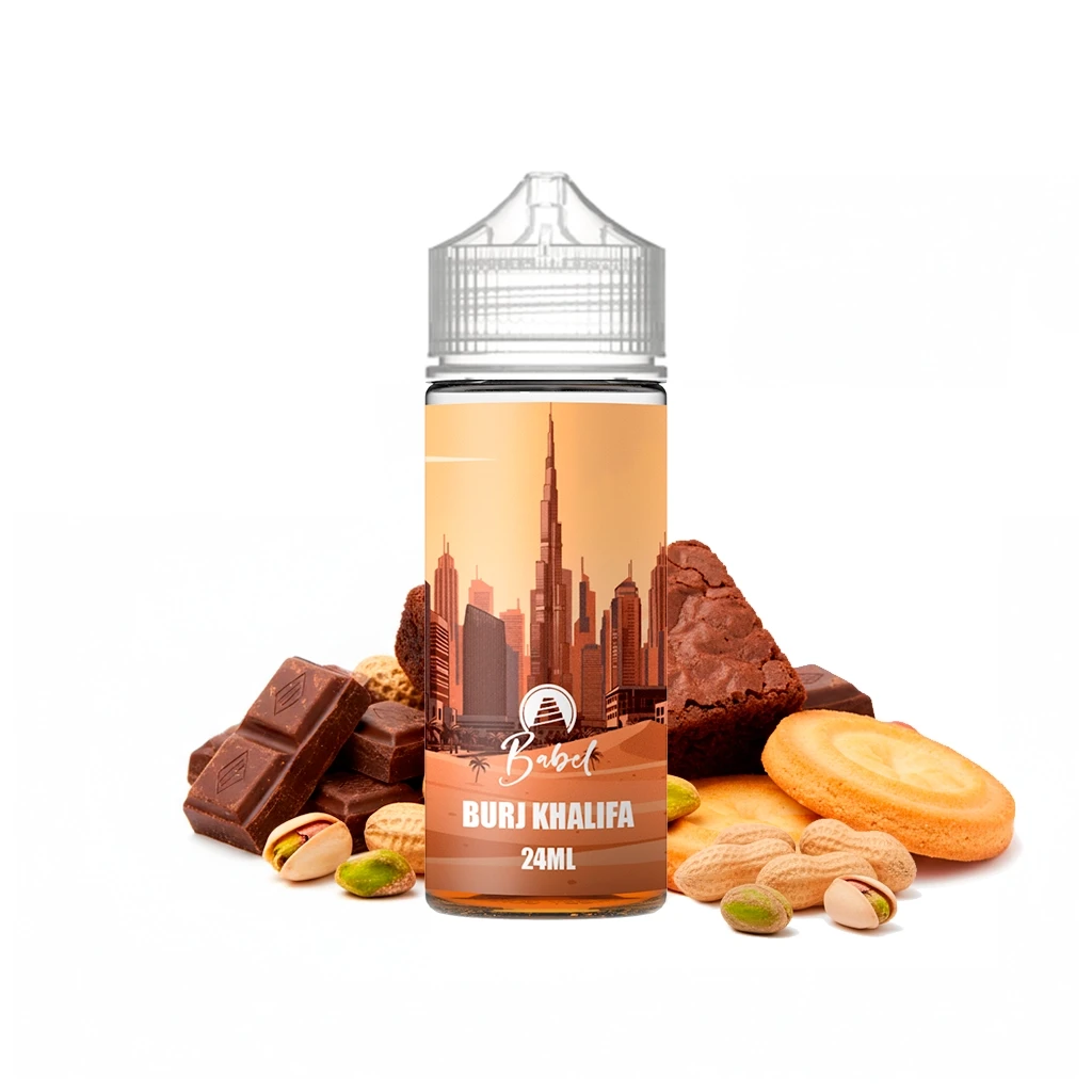 Frasco Babel Burj Khalifa de 24 ml con una ciudad ilustrada en la etiqueta, rodeado de chocolate, brownie, galletas y frutos secos.