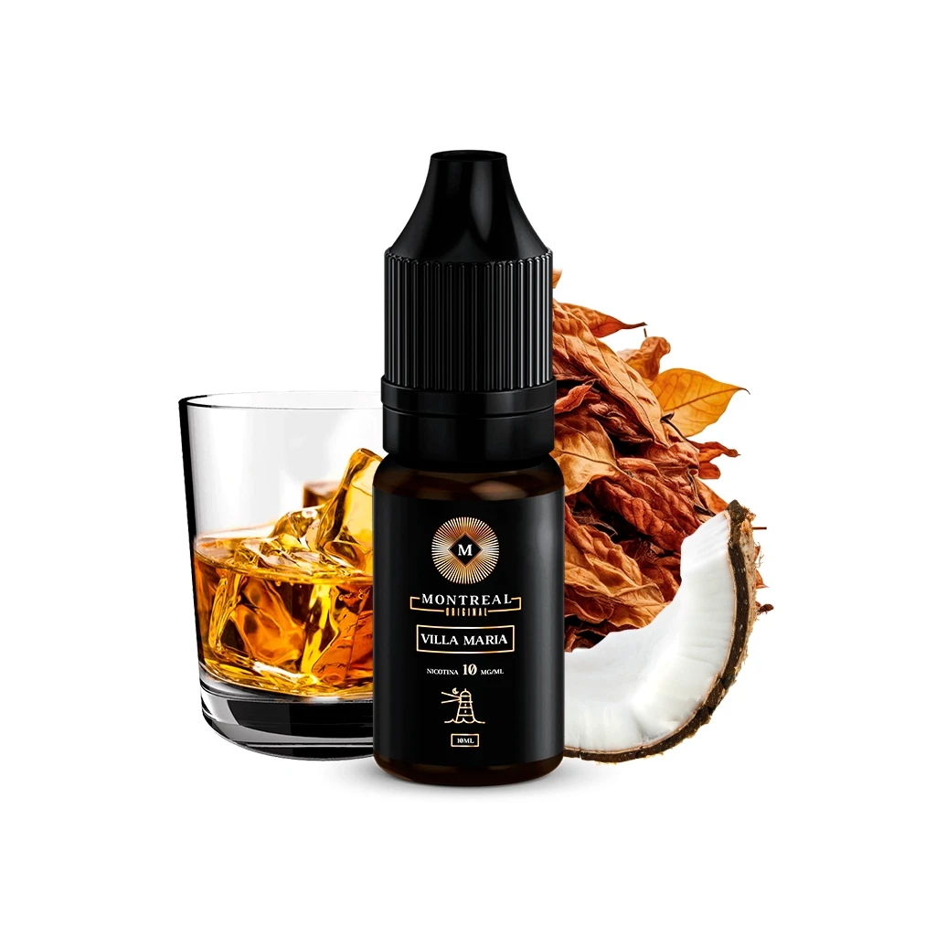 Frasco Montreal Original Salts Villa Maria con tapón negro, junto a hojas secas, un coco abierto y un vaso con líquido ámbar y hielo.
