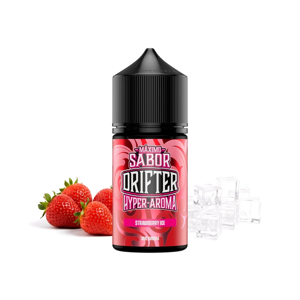 Frasco Drifter Hyper Strawberry Ice con etiqueta rosa y tapón negro, acompañado de fresas y cubitos de hielo sobre fondo blanco.