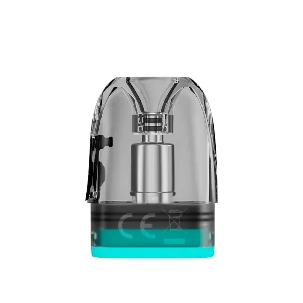 Pod de recambio Voopoo Argus Top Fill V2 translúcido, con componente metálico central y base turquesa, sobre fondo blanco. Pod de recambio Voopoo Argus Top Fill V2 translúcido, con componente metálico central y base turquesa, sobre fondo blanco.