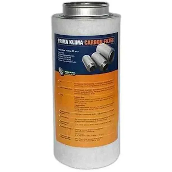 Filtro de carbón Prima Klima cilíndrico, con conexión circular superior y etiqueta azul y naranja sobre fondo blanco.