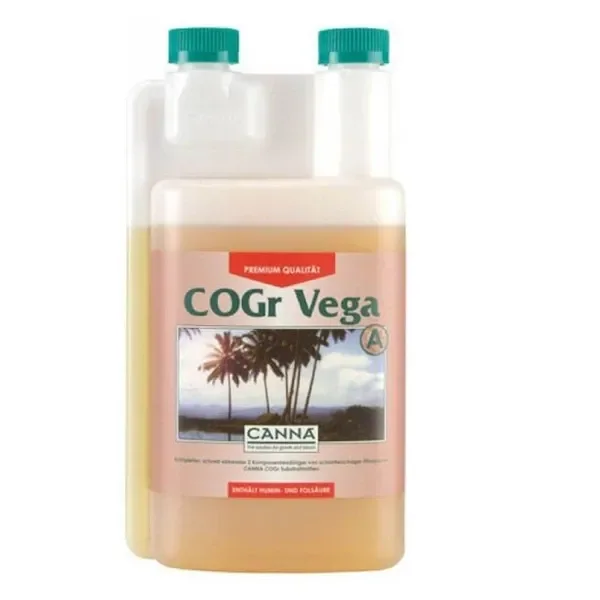 Envase de CANNA COGr Vega A con líquido amarillento, doble tapón verde y etiqueta con palmeras, sobre fondo blanco.