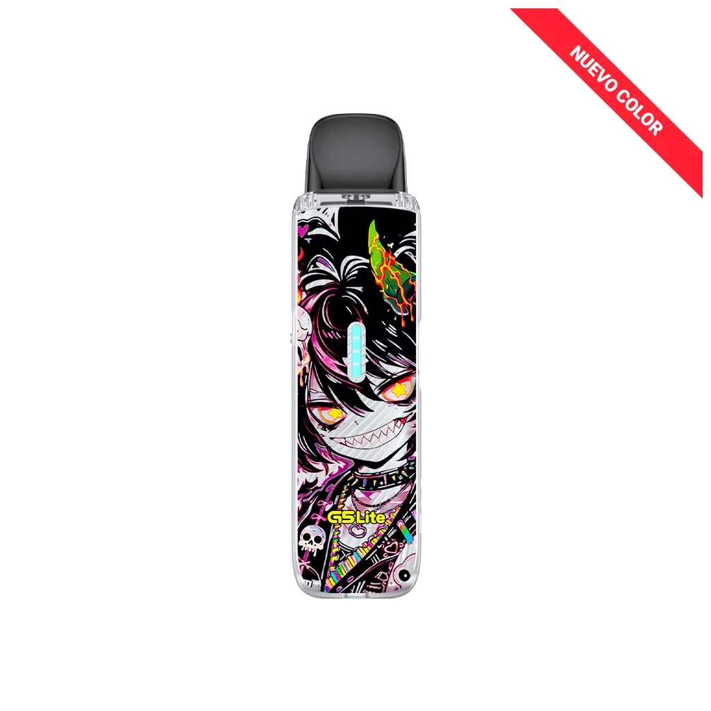 Uwell Caliburn G5 Lite con boquilla negra y carcasa decorada con un personaje de sonrisa dentada y detalles rosas sobre fondo negro.
