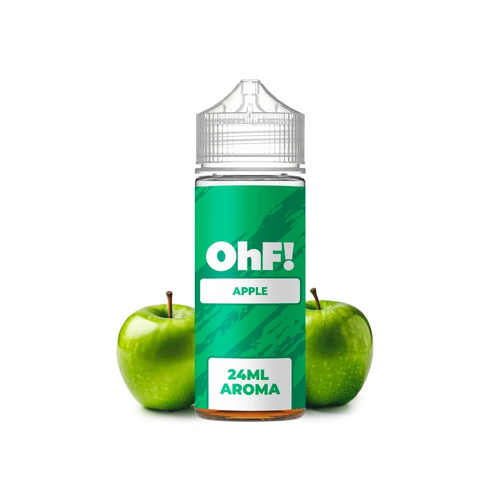 Botella de OhF! Apple Longfill con tapón transparente y etiqueta verde que indica «24ML AROMA», flanqueada por manzanas verdes.
