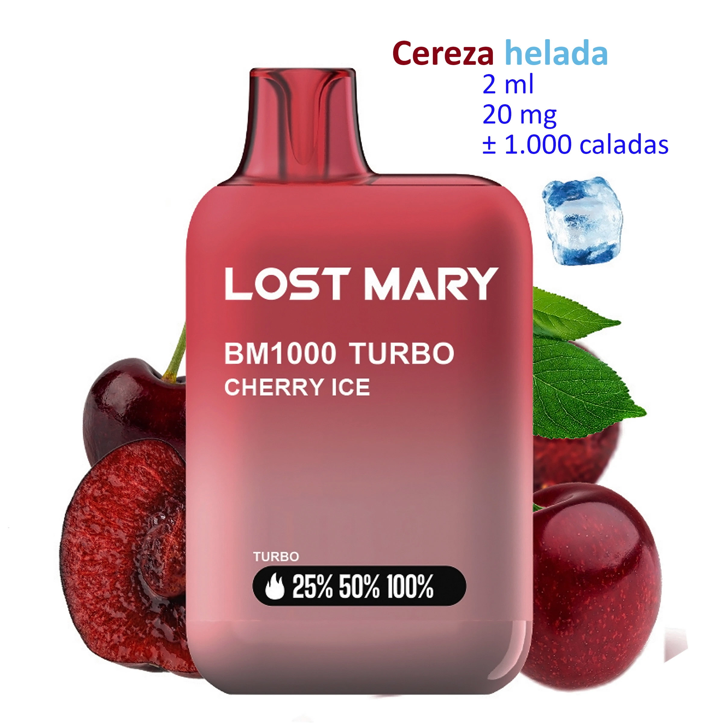 Vaper Lost Mary BM1000 TURBO Cherry Ice rojo, con indicador frontal de porcentajes, rodeado de cerezas, hojas y un cubito de hielo.