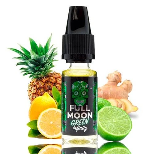 Frasco Full Moon Green Infinity con tapón negro y calavera verde en la etiqueta, rodeado de piña, limón, lima y jengibre.