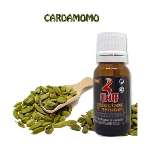 Frasco ámbar de Oil4Vap Aroma Cardamomo con tapón blanco, junto a una cuchara de madera con vainas verdes, bajo el texto «CARDAMOMO».