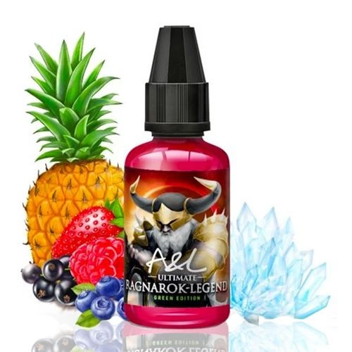 Frasco rojo A&L Ultimate Ragnarok Legend con tapón negro, rodeado de piña, frutos rojos, arándanos y cristales azulados ilustrados.