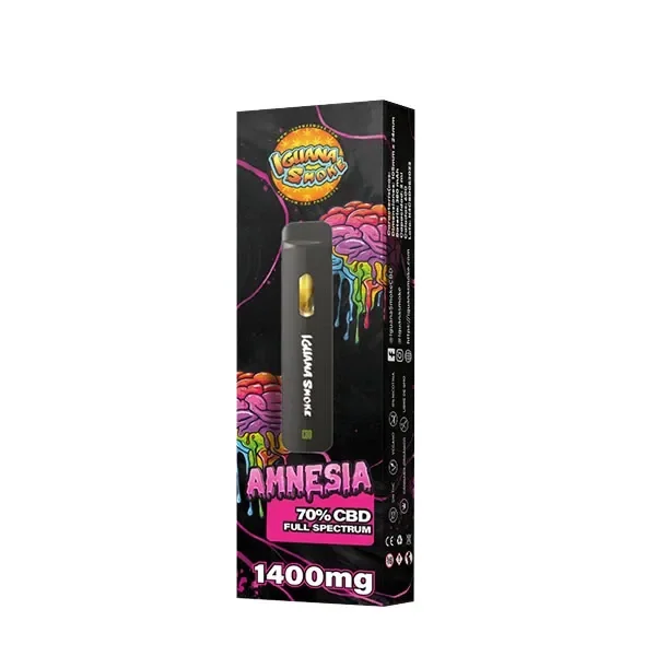 Caja negra de CBD Vaper Iguana Smoke Amnesia con dibujos multicolor, un vapeador ilustrado y las inscripciones 70 % CBD y 1400 mg.