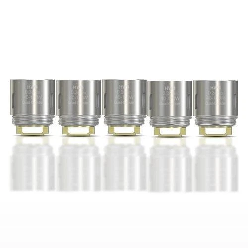 Varias resistencias Eleaf HW4 Quad Cylinder Coil alineadas, con cuerpo plateado, base roscada y reflejo sobre fondo blanco.