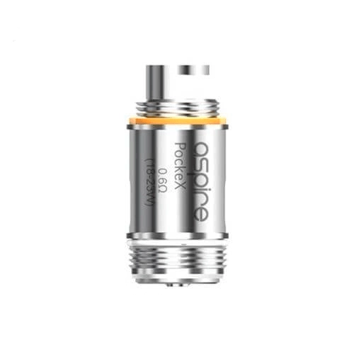Resistencia Aspire PockeX plateada, con base roscada, junta naranja y grabado de 0,6 Ω, sobre fondo blanco.