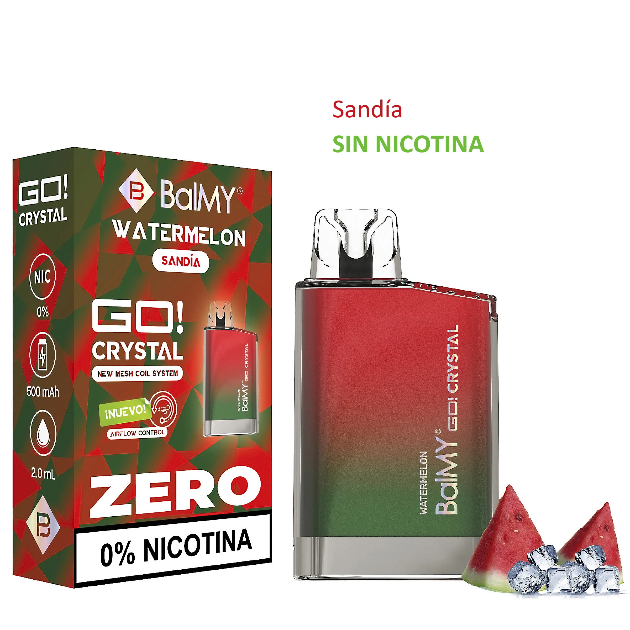 BalMY GO Crystal Watermelon rojo y verde junto a su caja, con boquilla transparente, sandía, hielo y texto «Sin nicotina».