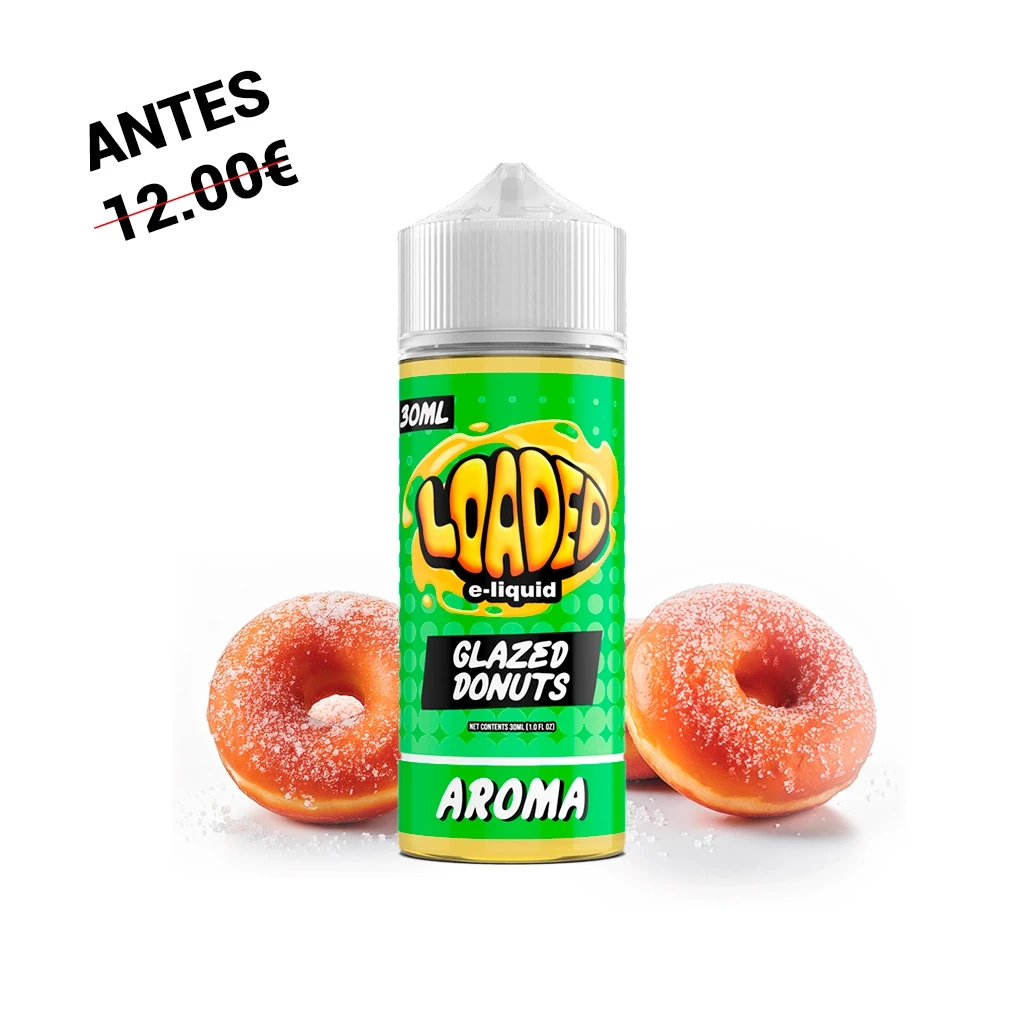 Bote Loaded Glazed Donuts de 30 ml con etiqueta verde, texto «Aroma» y tapón blanco, flanqueado por donuts azucarados.