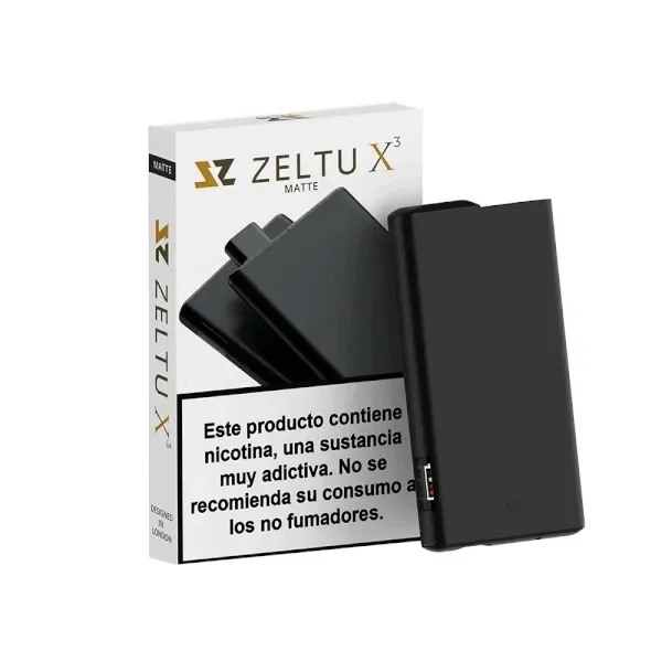 Dispositivo negro Zeltu X3 junto a su caja blanca, con acabado mate indicado y advertencia sobre nicotina en español.