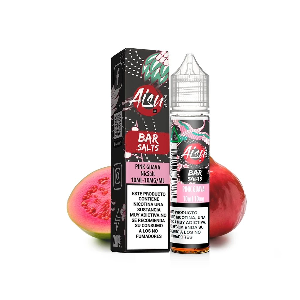 Frasco y caja de Aisu Bar Salts Pink Guava, con etiquetas negras y rosas y advertencias sobre nicotina, junto a guayabas.