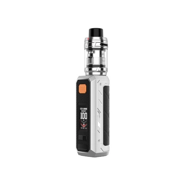 Vaporesso Armour Ultra Kit plateado y negro, con botón naranja, pantalla frontal y depósito transparente sobre fondo blanco.