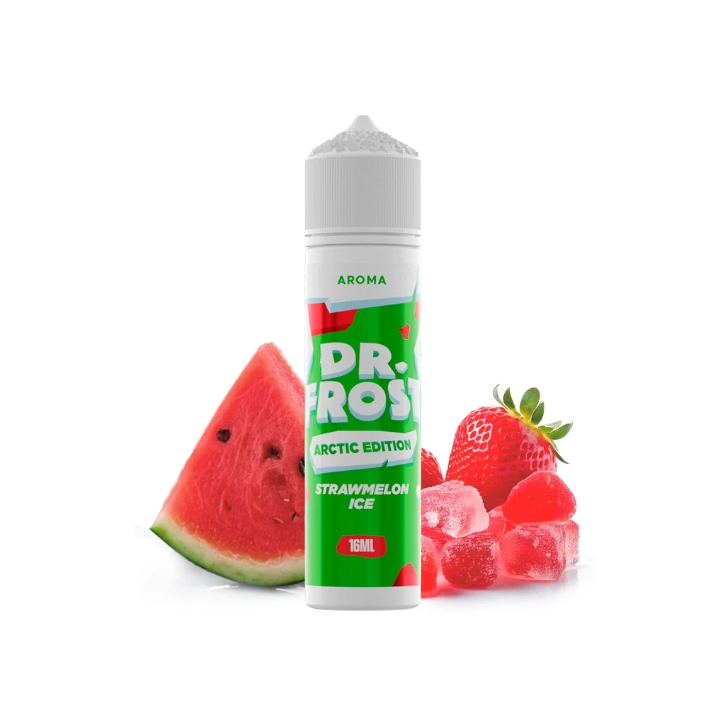 Frasco Dr Frost Strawmelon Ice Longfill con etiqueta verde y tapón blanco, junto a sandía, fresas y cubitos rosados.